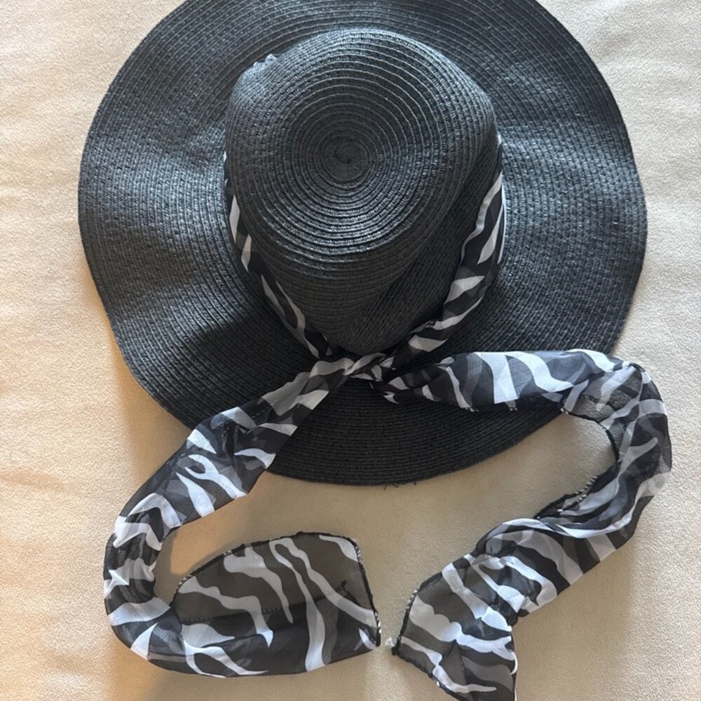 Black Wide Brim Sun Hat with Zebra Scarf
